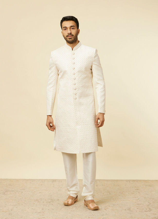 Manyavar Men Warm White Self designed Sherwani Set