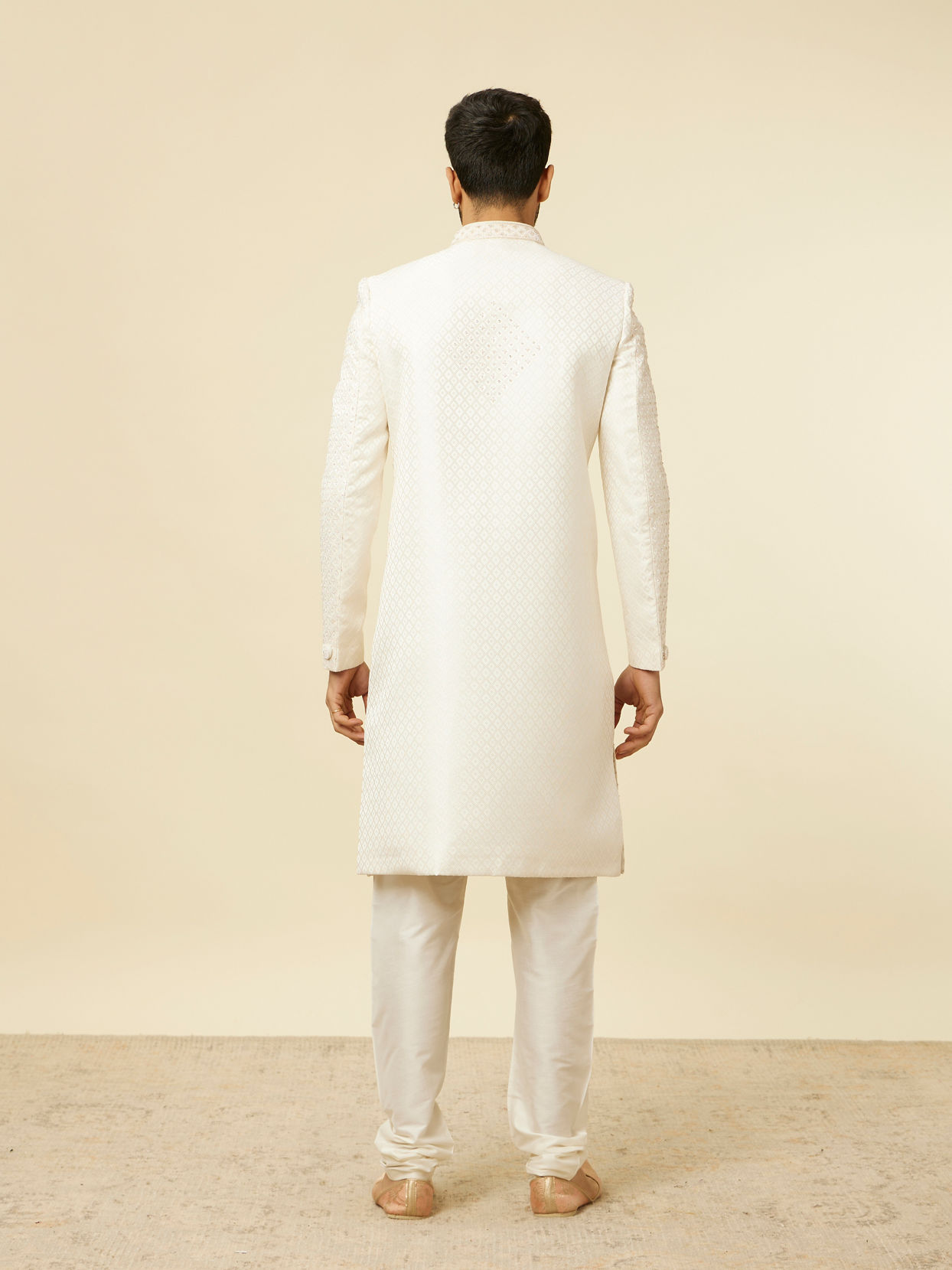 Manyavar Men Warm White Self designed Sherwani Set