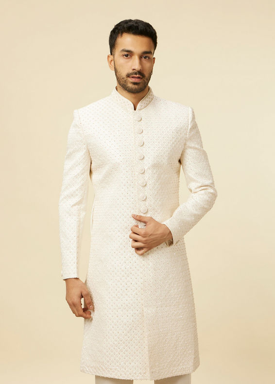 Manyavar Men Warm White Self designed Sherwani Set