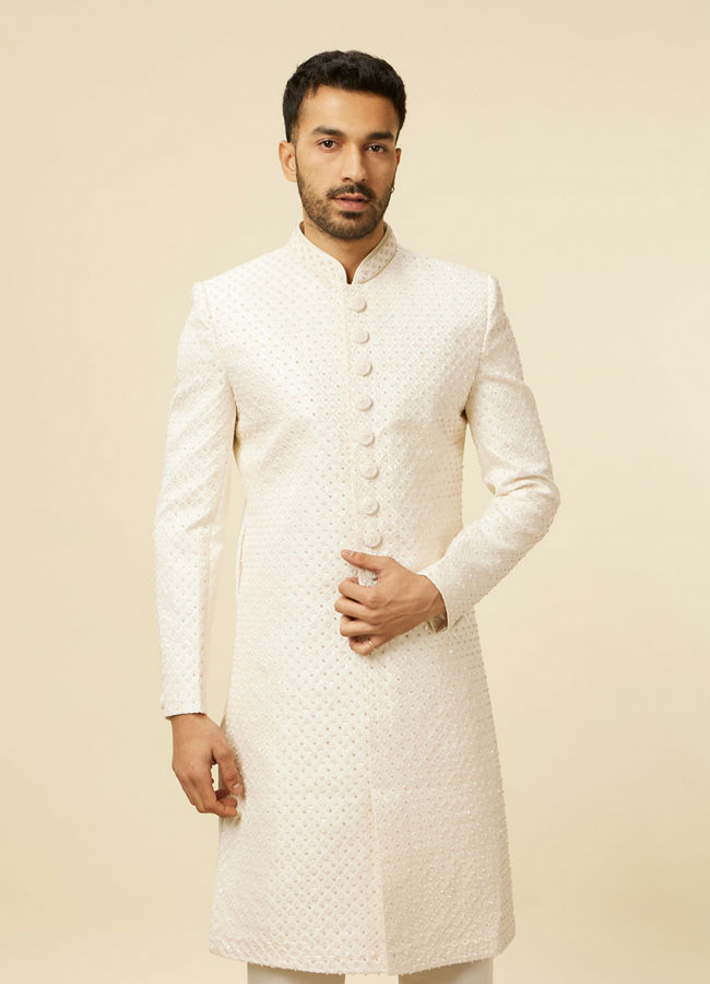 Manyavar Men Warm White Self designed Sherwani Set