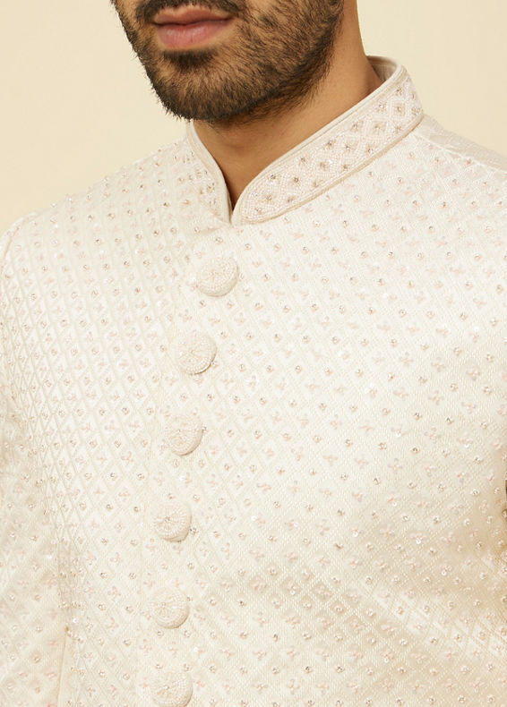 Manyavar Men Warm White Self designed Sherwani Set