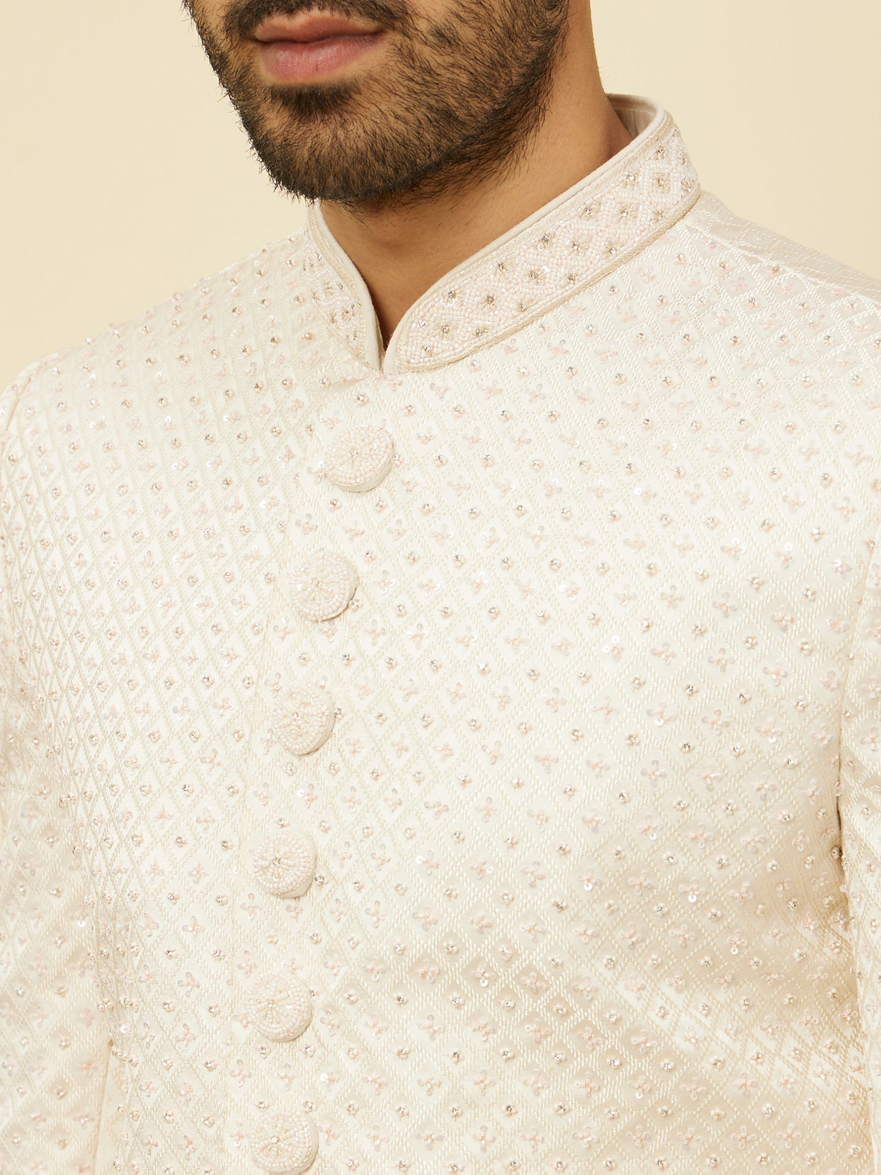 alt message - Manyavar Men Warm White Self-designed Sherwani Set image number 1