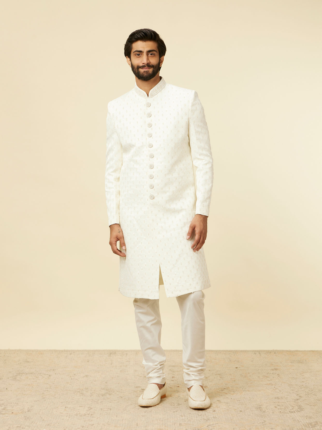 Manyavar Men Warm White Buta Patterned Sherwani Set
