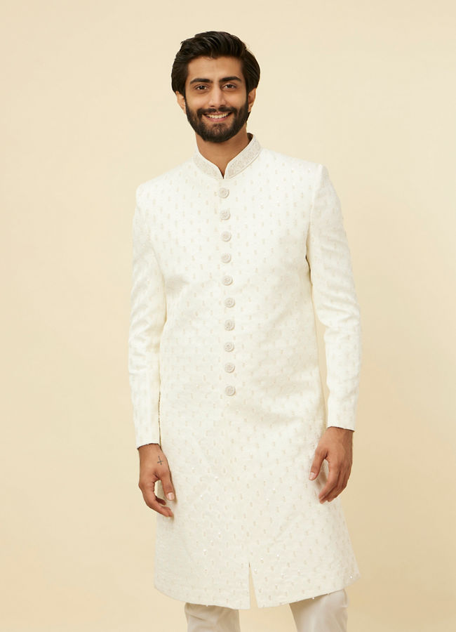 alt message - Manyavar Men Warm White Buta Patterned Sherwani Set image number 0