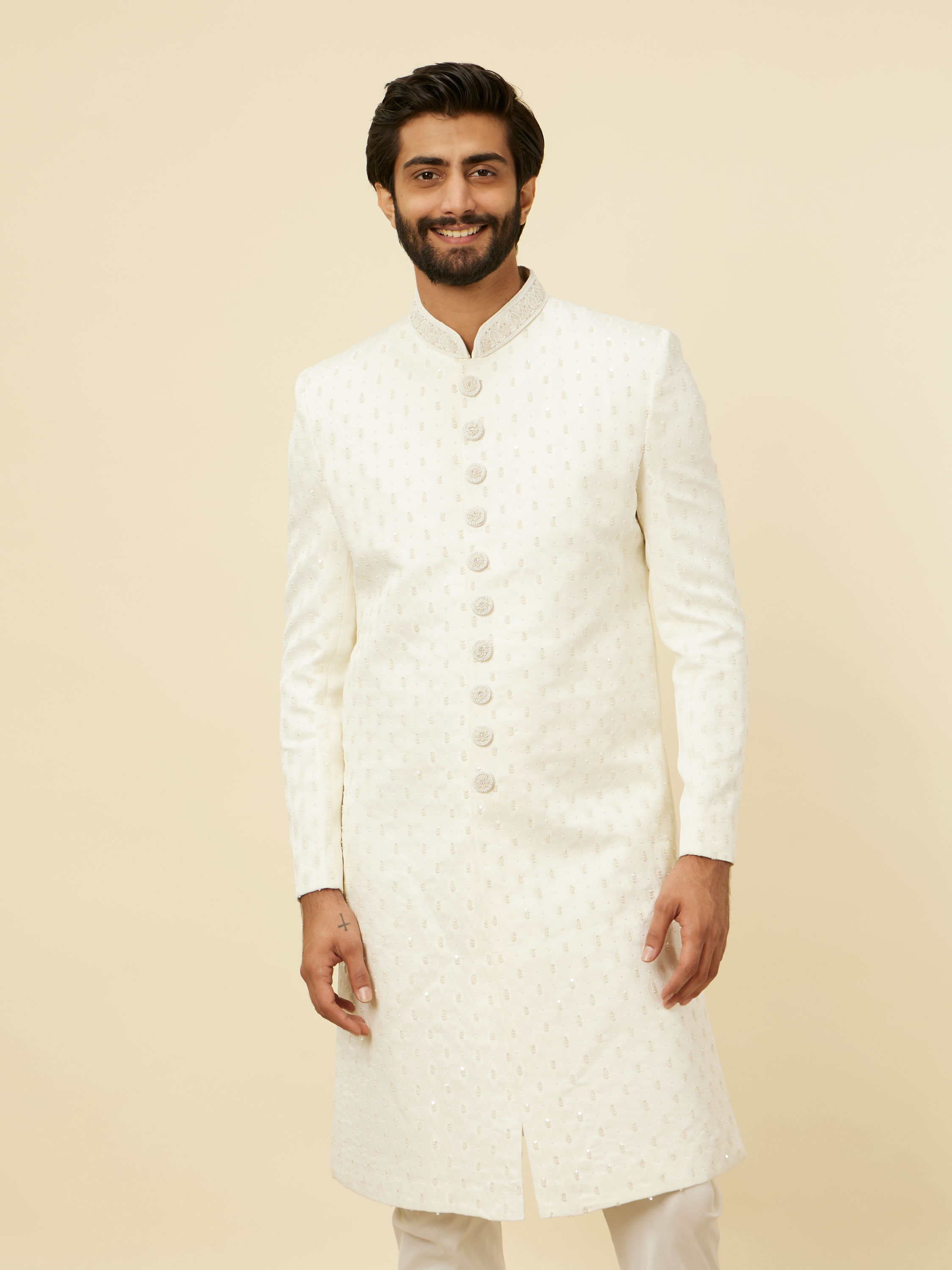 Manyavar Men Warm White Buta Patterned Sherwani Set