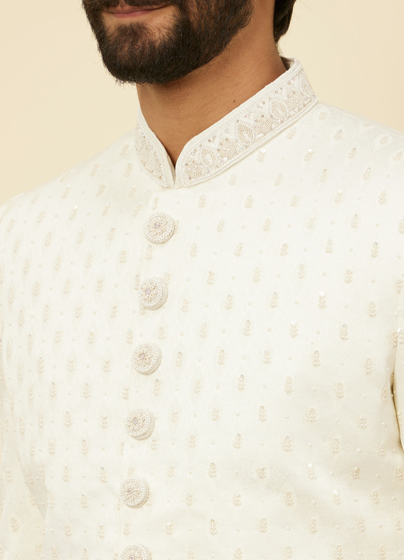 Manyavar Men Warm White Buta Patterned Sherwani Set