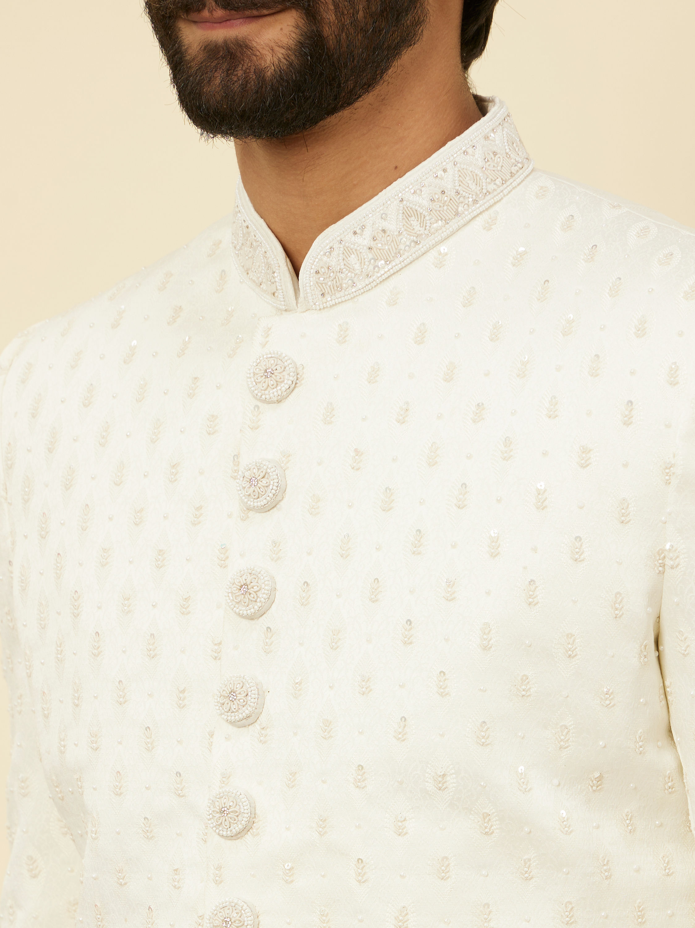 Manyavar Men Warm White Buta Patterned Sherwani Set