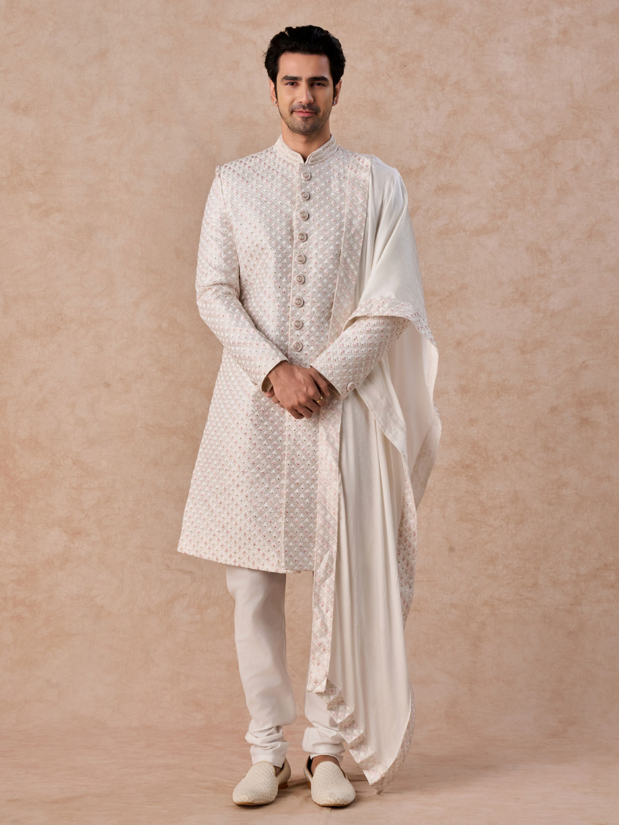 Manyavar Men Radiant Warm White Satin Sherwani