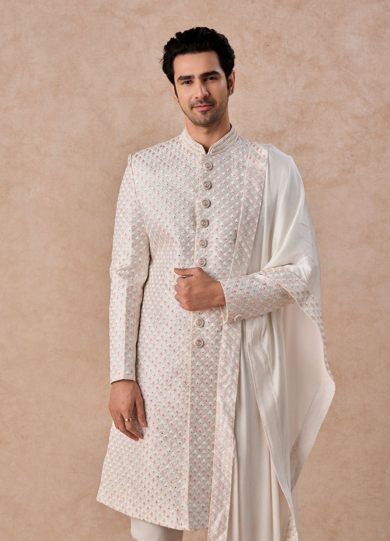 Manyavar Men Radiant Warm White Satin Sherwani