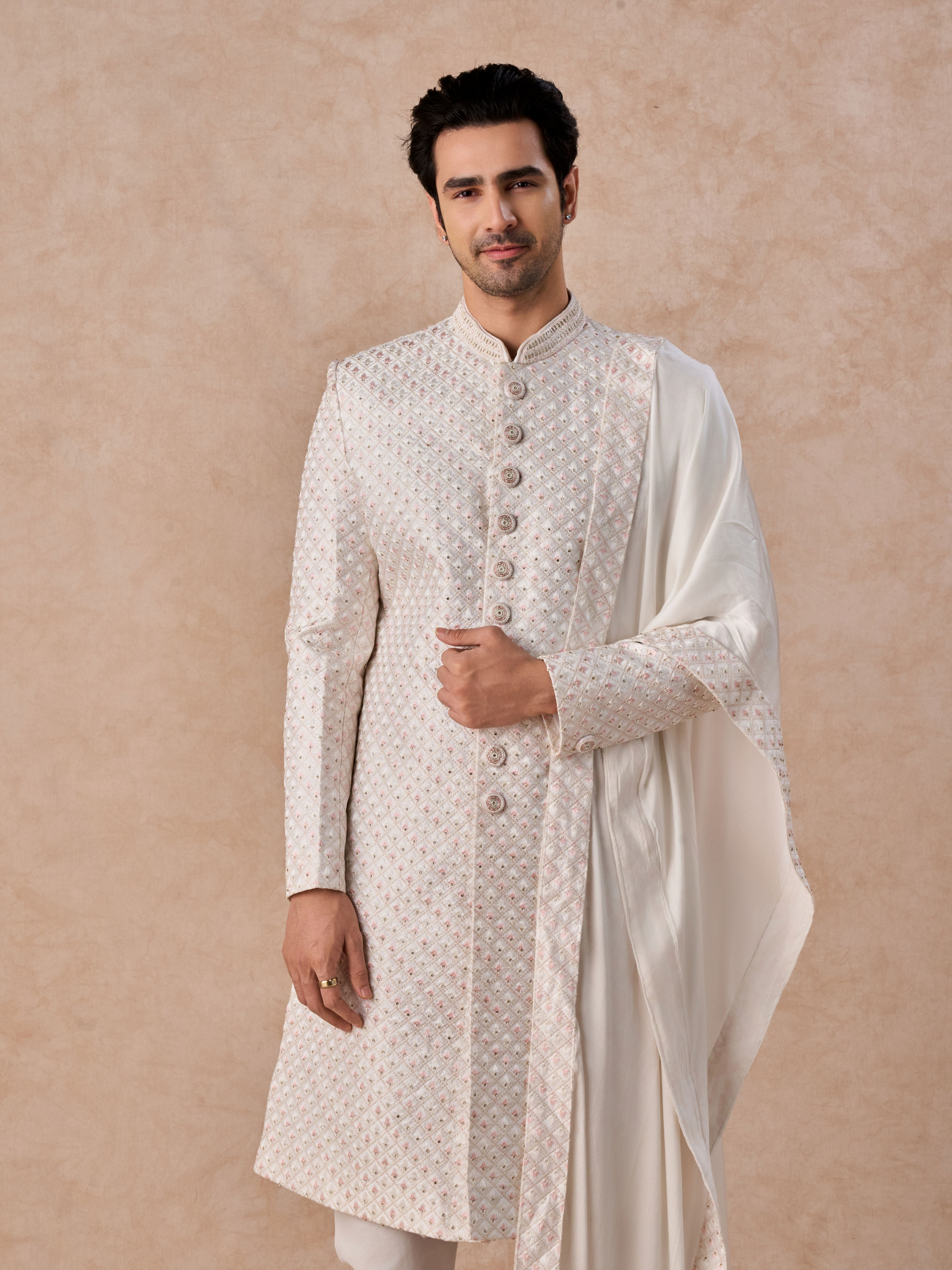 Manyavar Men Radiant Warm White Satin Sherwani