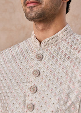 Manyavar Men Radiant Warm White Satin Sherwani