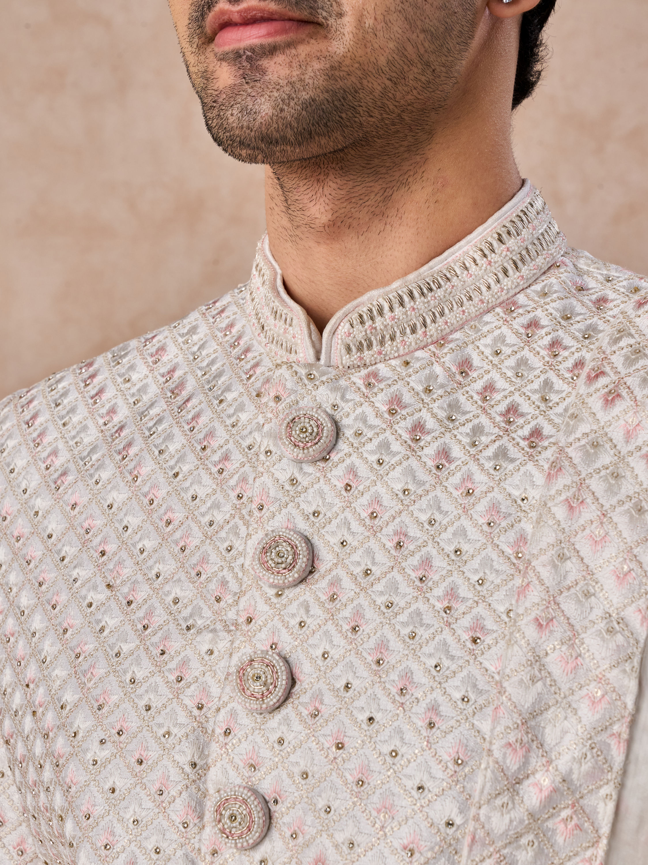 Manyavar Men Radiant Warm White Satin Sherwani