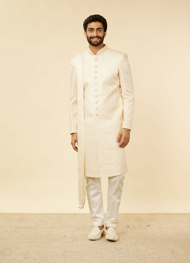 Manyavar Men Rosewater Pink Petal & Fern Patterned Sherwani Set