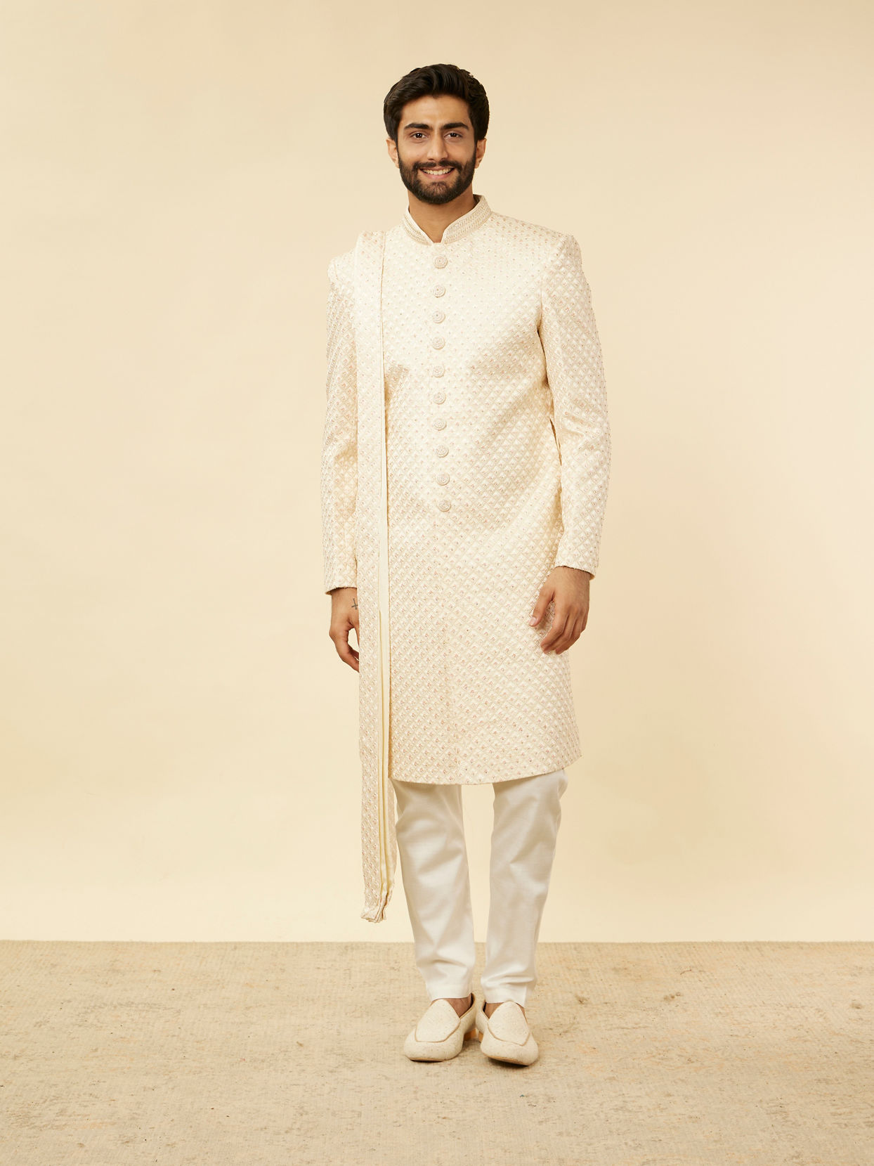 Manyavar Men Rosewater Pink Petal & Fern Patterned Sherwani Set