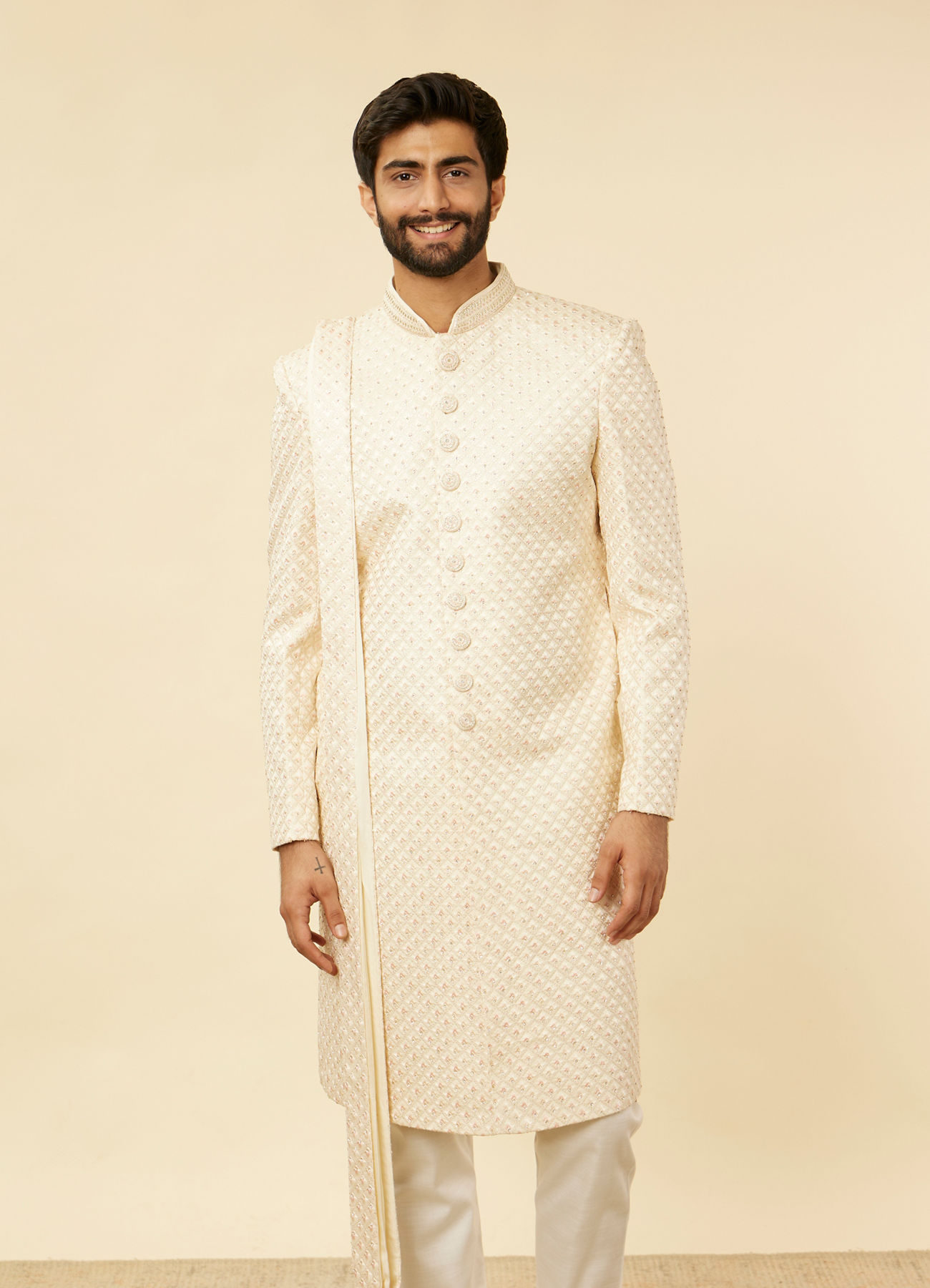 Manyavar Men Rosewater Pink Petal & Fern Patterned Sherwani Set