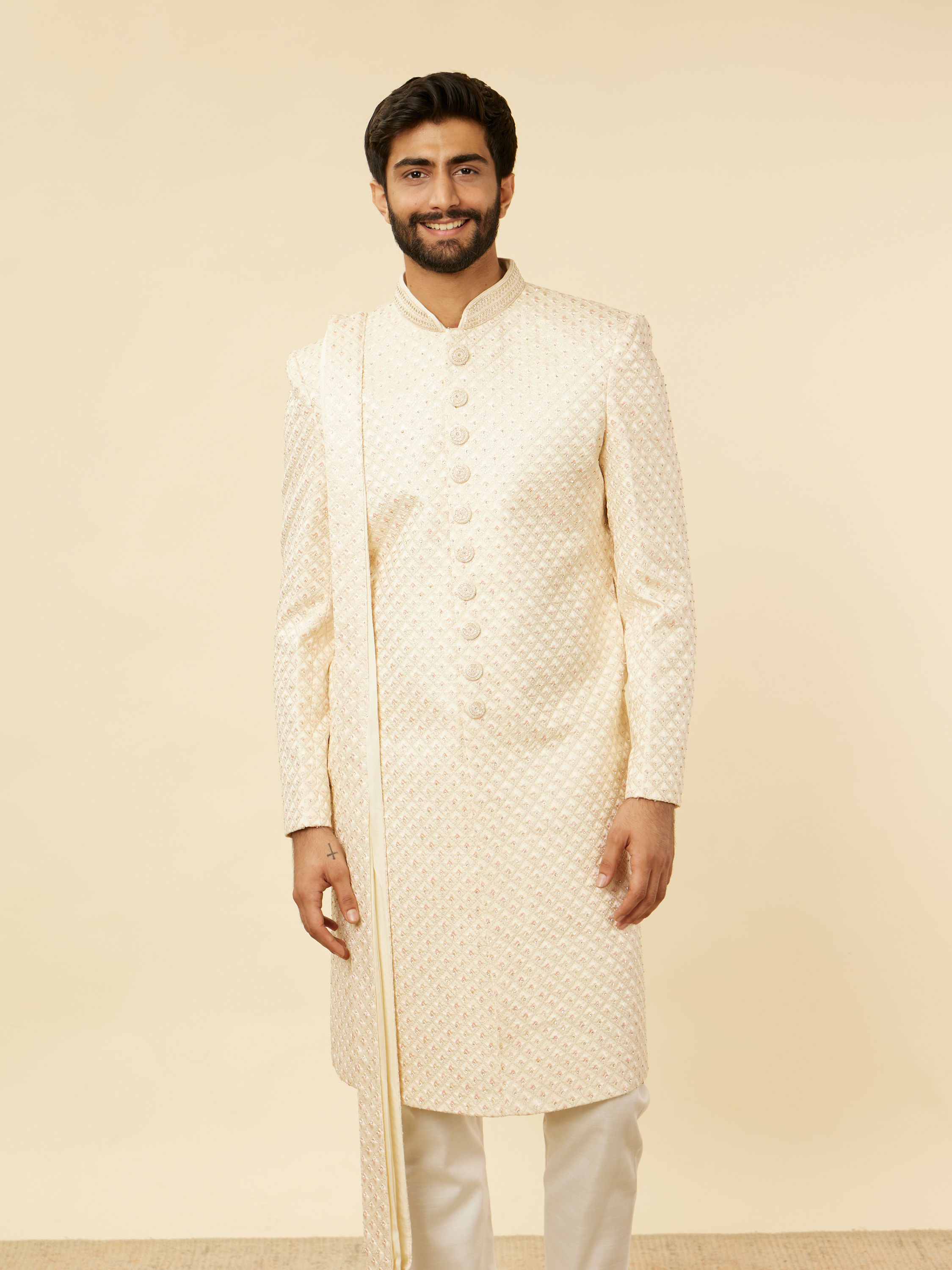 Manyavar Men Rosewater Pink Petal & Fern Patterned Sherwani Set
