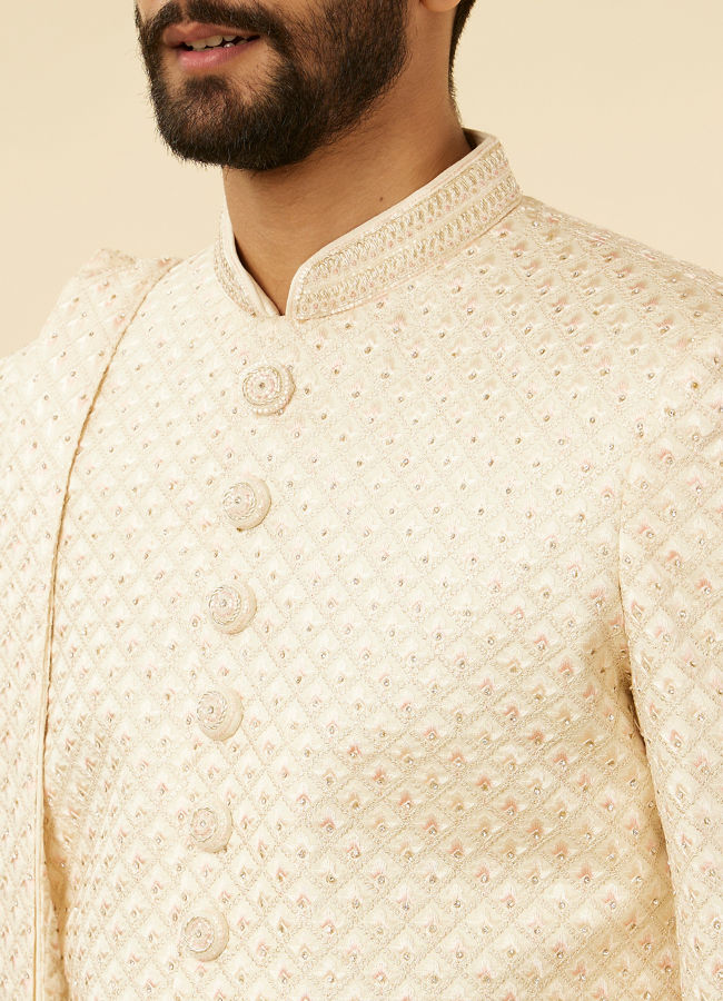 Manyavar Men Rosewater Pink Petal & Fern Patterned Sherwani Set