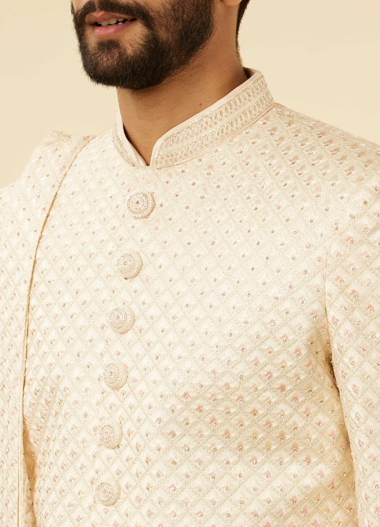 Manyavar Men Rosewater Pink Petal & Fern Patterned Sherwani Set
