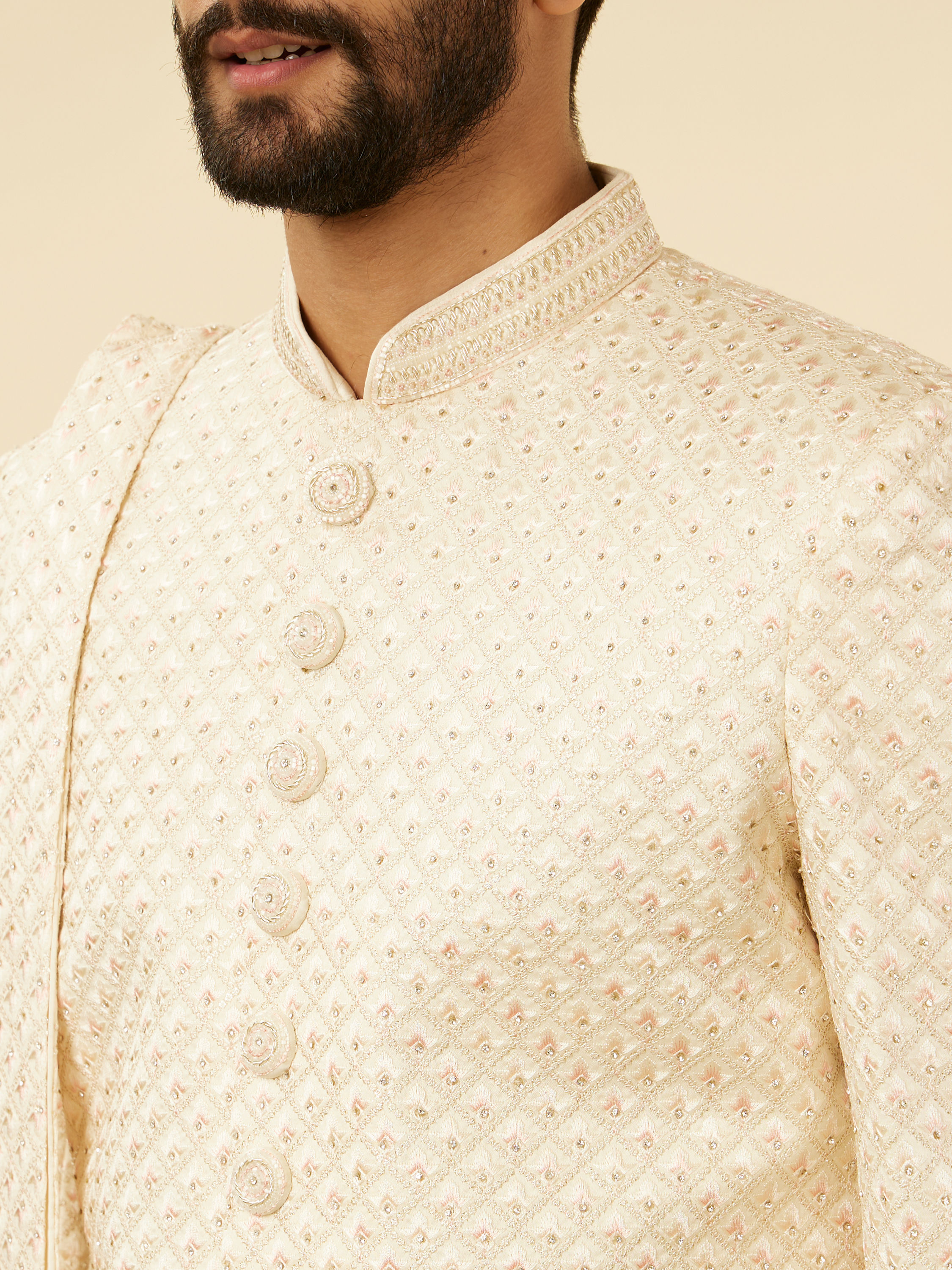 Manyavar Men Rosewater Pink Petal & Fern Patterned Sherwani Set