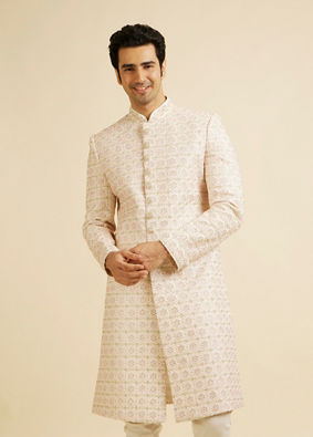 Manyavar Men Cream Pink Moti Work Sherwani Set