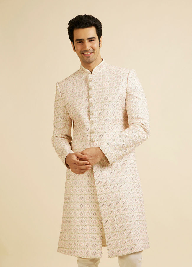 Manyavar Men Cream Pink Moti Work Sherwani Set