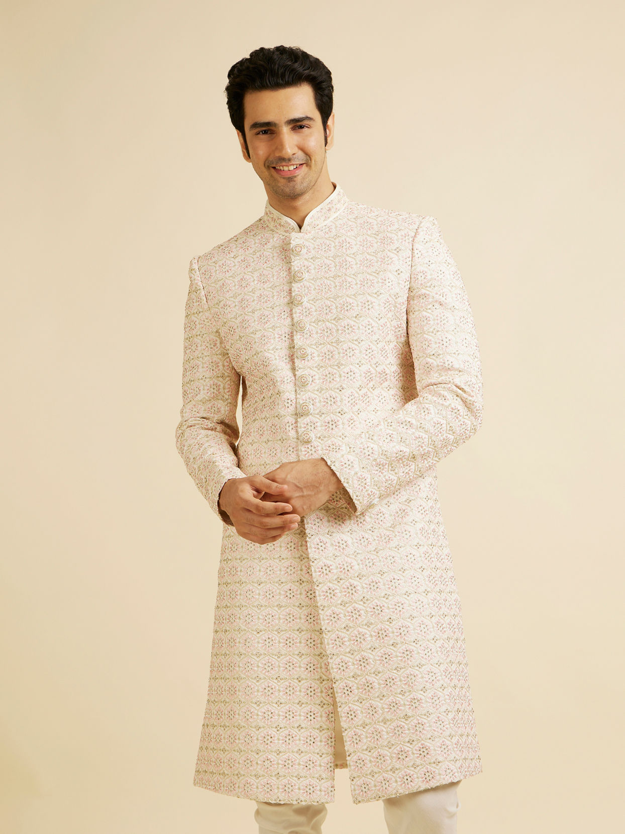 Manyavar Men Cream Pink Moti Work Sherwani Set