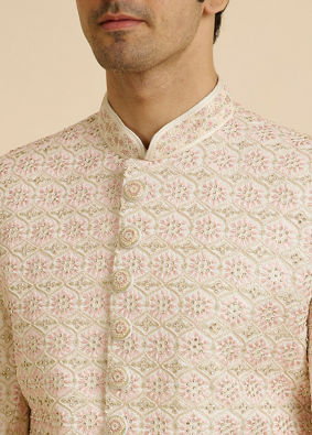 Manyavar Men Cream Pink Moti Work Sherwani Set