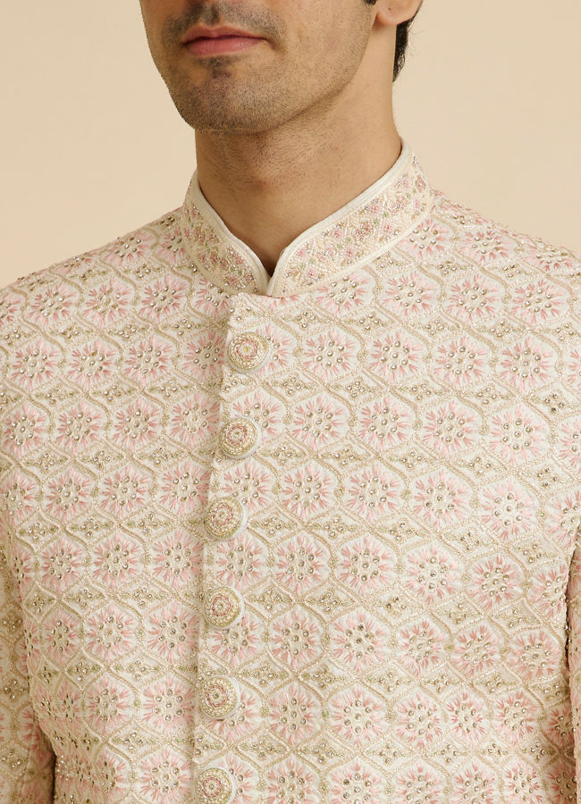 Manyavar Men Cream Pink Moti Work Sherwani Set
