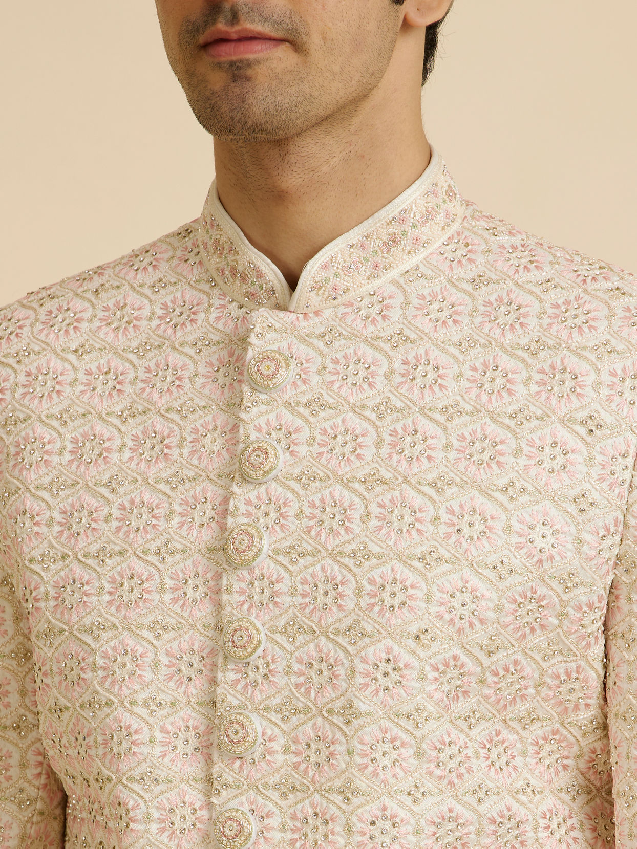 Manyavar Men Cream Pink Moti Work Sherwani Set
