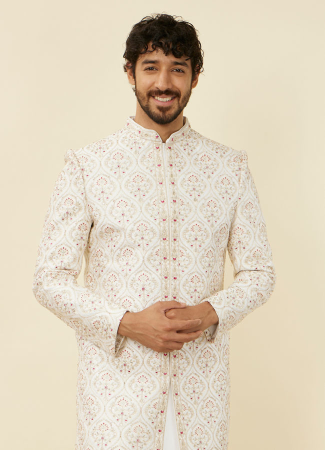 Manyavar Men Warm White Petal Patterned Achkan Style Sherwani Set