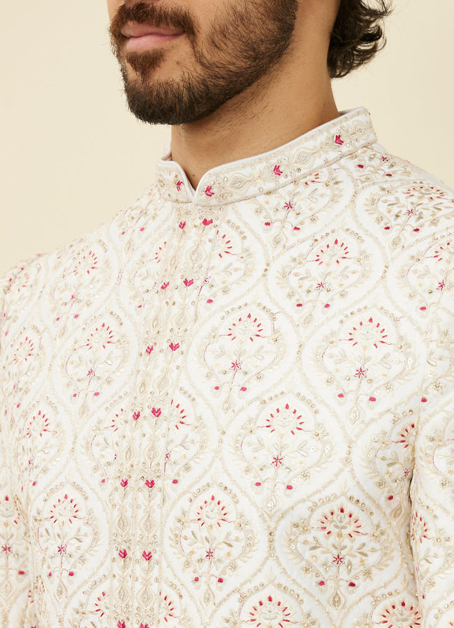 Manyavar Men Warm White Petal Patterned Achkan Style Sherwani Set