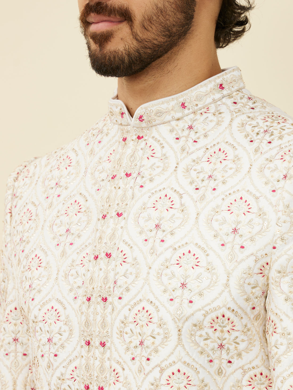 Manyavar Men Warm White Petal Patterned Achkan Style Sherwani Set