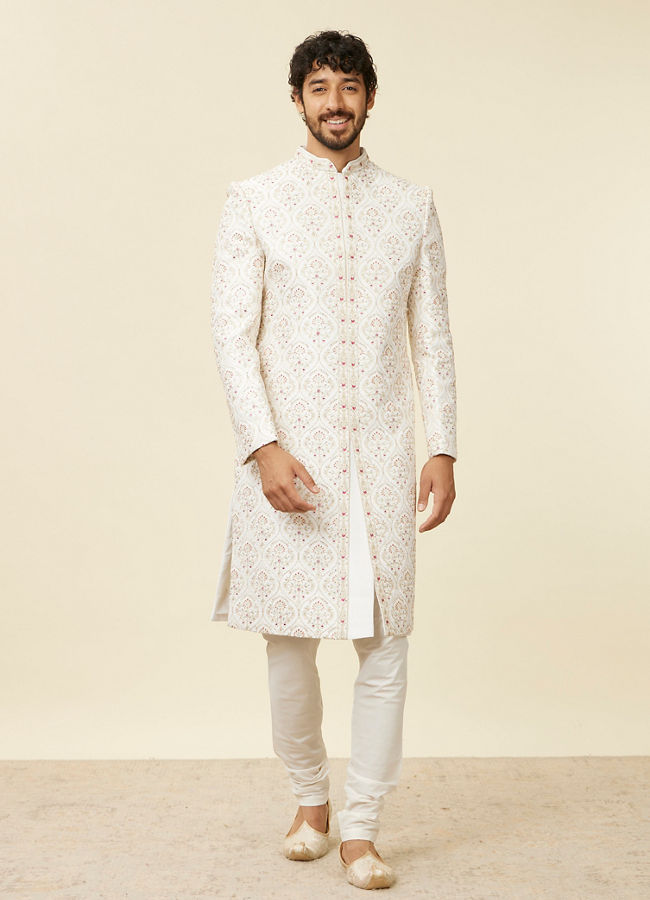 Manyavar Men Warm White Petal Patterned Achkan Style Sherwani Set