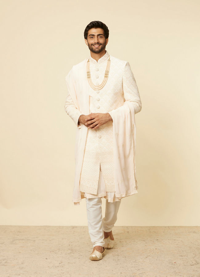 Manyavar Men Seashell Pink Self Grid Patterned Sherwani Set