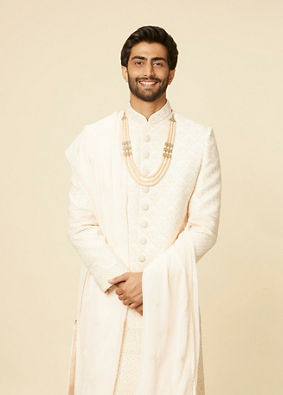 Manyavar Men Seashell Pink Self Grid Patterned Sherwani Set