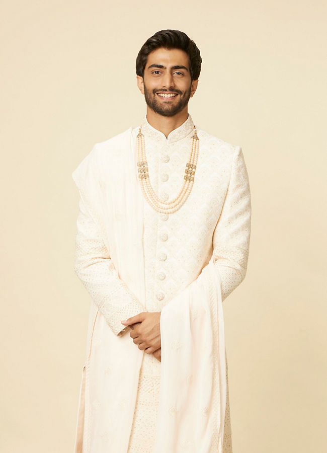 Manyavar Men Seashell Pink Self Grid Patterned Sherwani Set