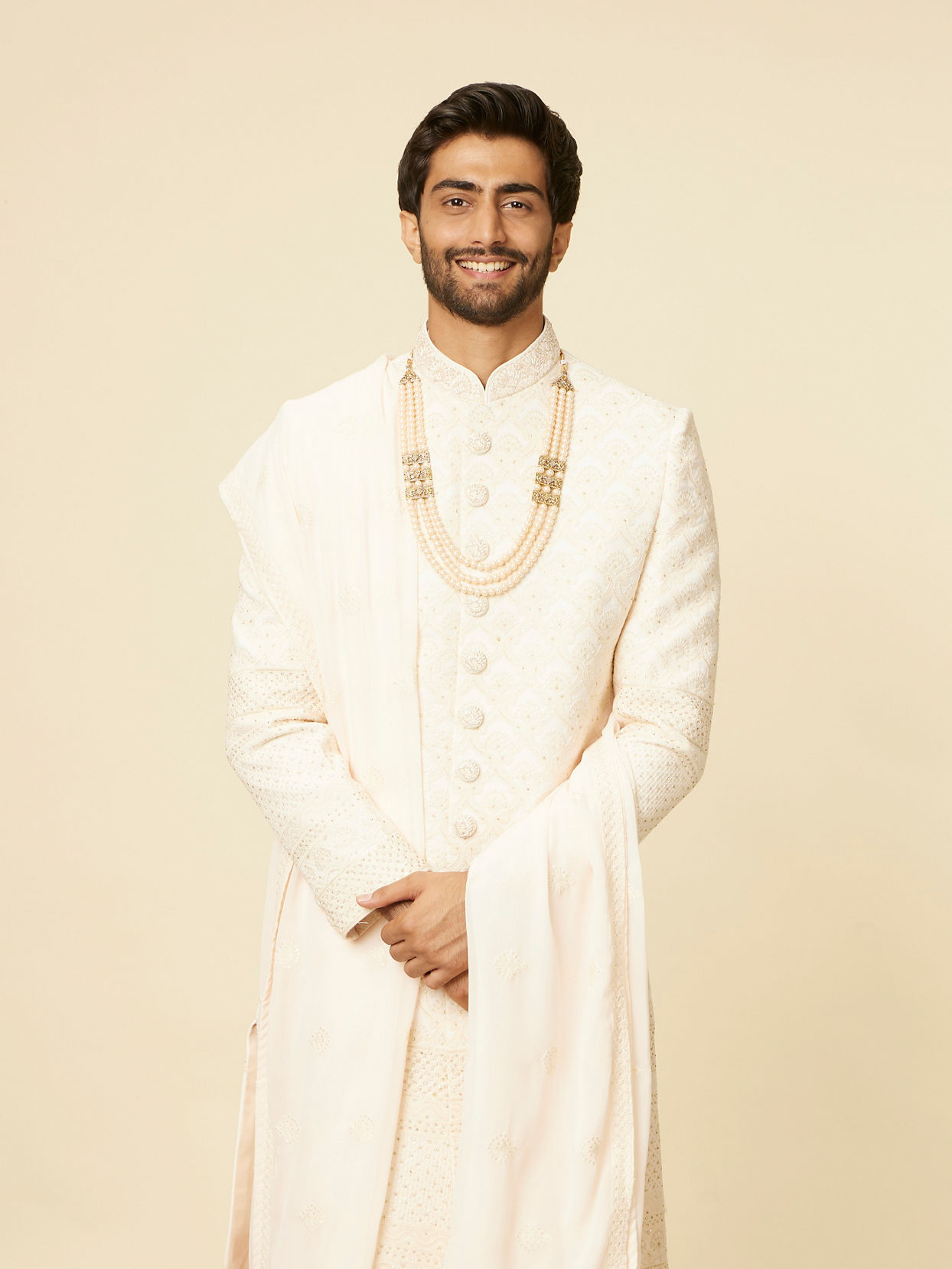 Seashell Pink Self Grid-Patterned Sherwani Set image number 0