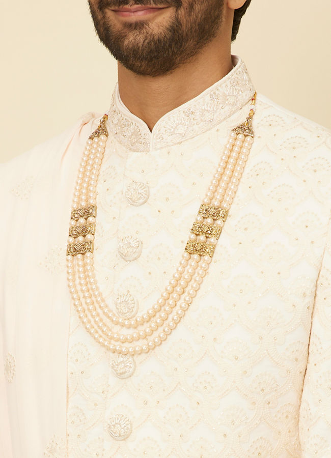 Manyavar Men Seashell Pink Self Grid Patterned Sherwani Set