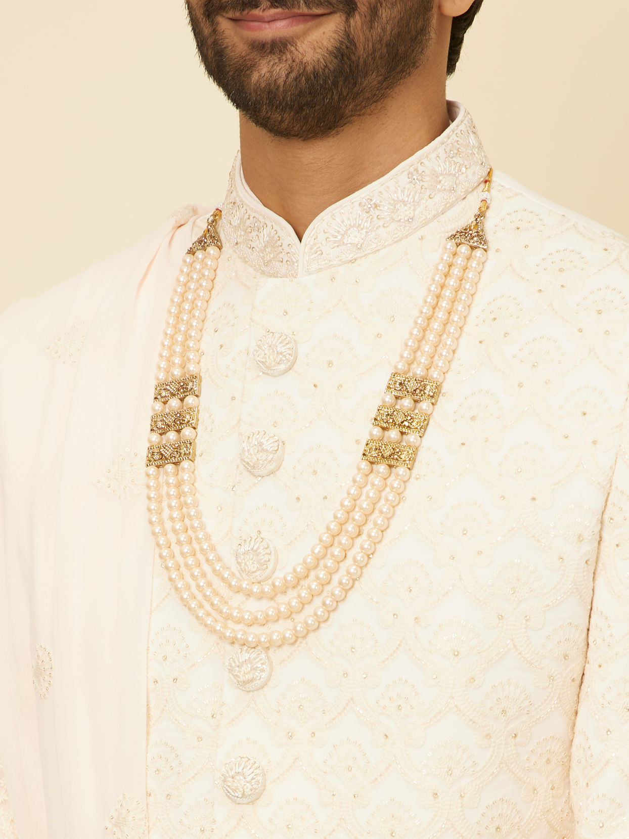 Seashell Pink Self Grid-Patterned Sherwani Set image number 1