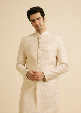 alt message - Manyavar Men Champagne Beige Jaal Patterned Sherwani Set image number 0