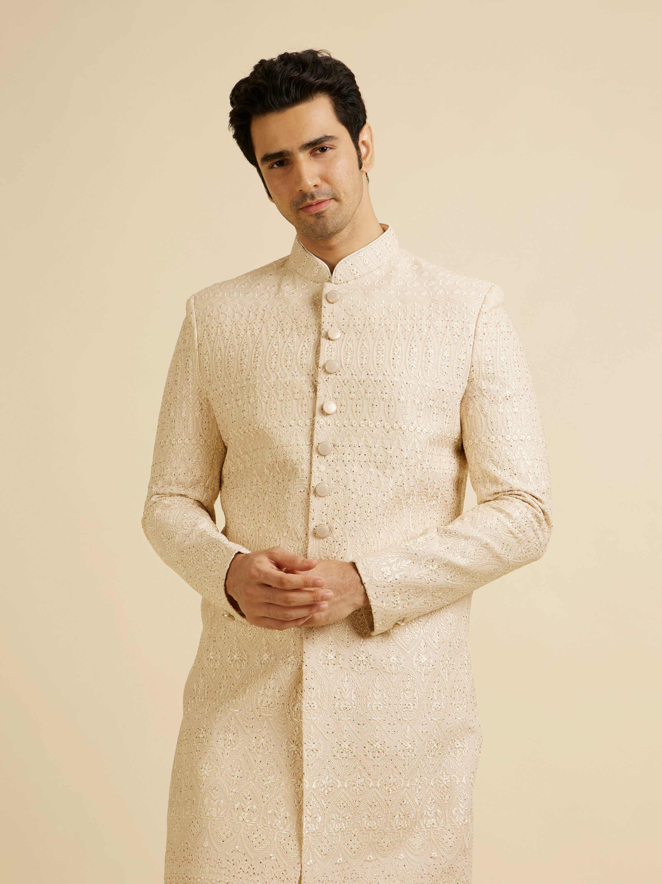 Manyavar Men Champagne Beige Jaal Patterned Sherwani Set