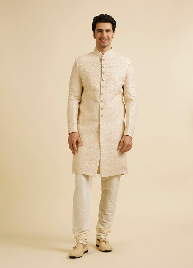 alt message - Manyavar Men Champagne Beige Jaal Patterned Sherwani Set image number 2