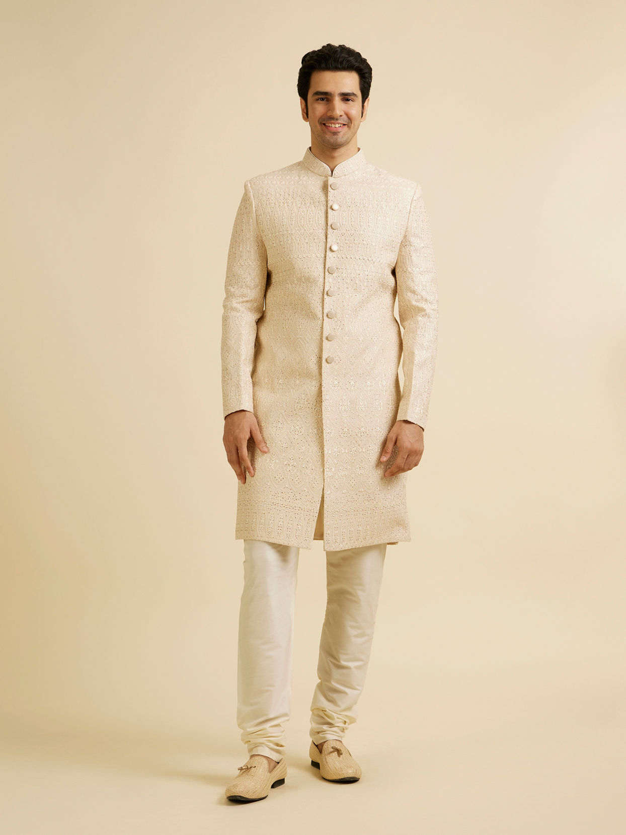 Manyavar Men Champagne Beige Jaal Patterned Sherwani Set