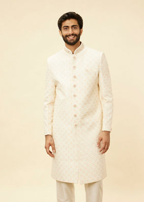 Manyavar Men Cream Pink Diamond Patterned Sherwani Set