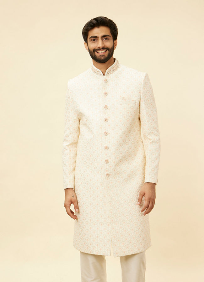 alt message - Manyavar Men Cream Pink Diamond Patterned Sherwani Set image number 0