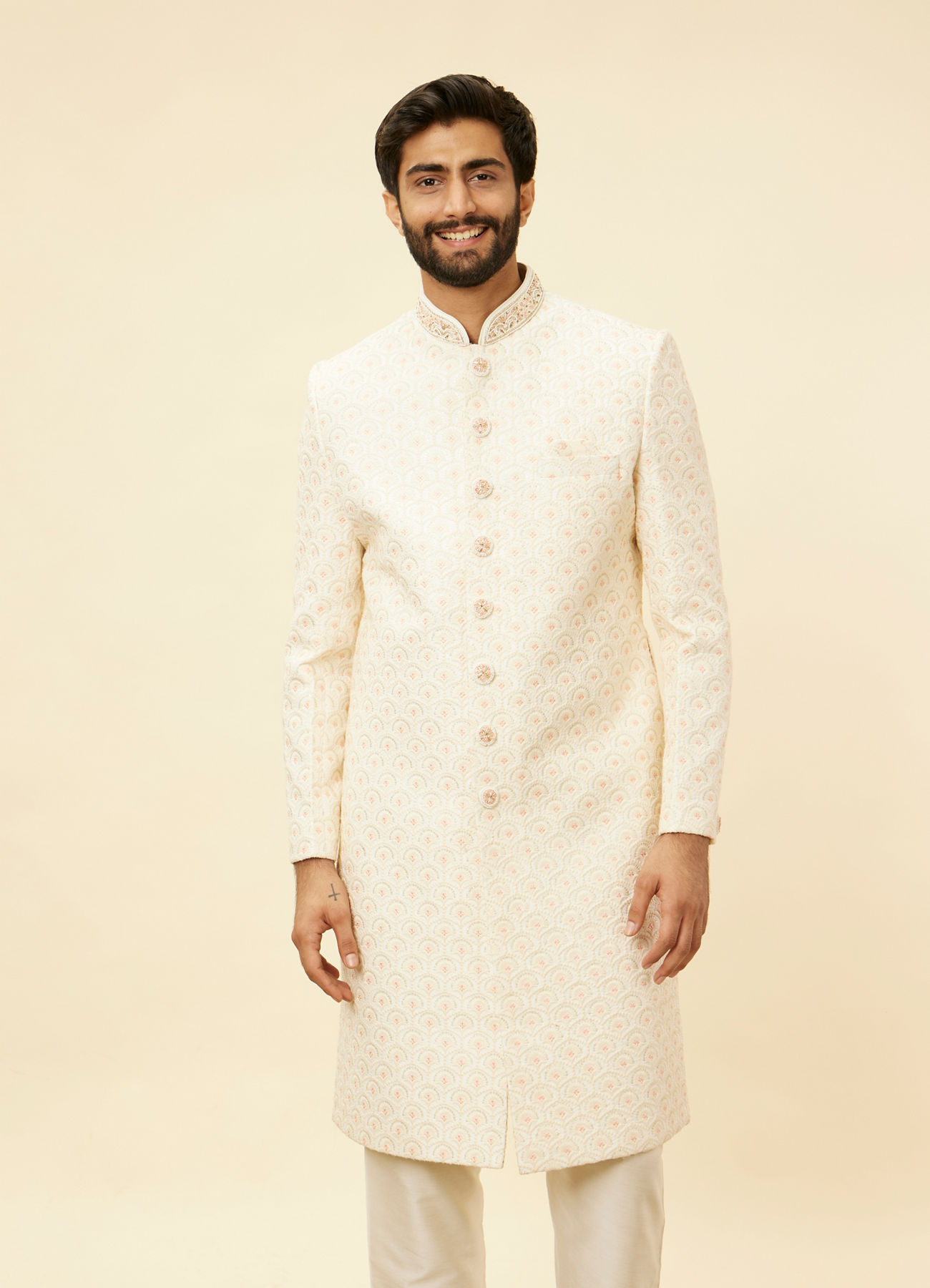 Manyavar Men Cream Pink Diamond Patterned Sherwani Set