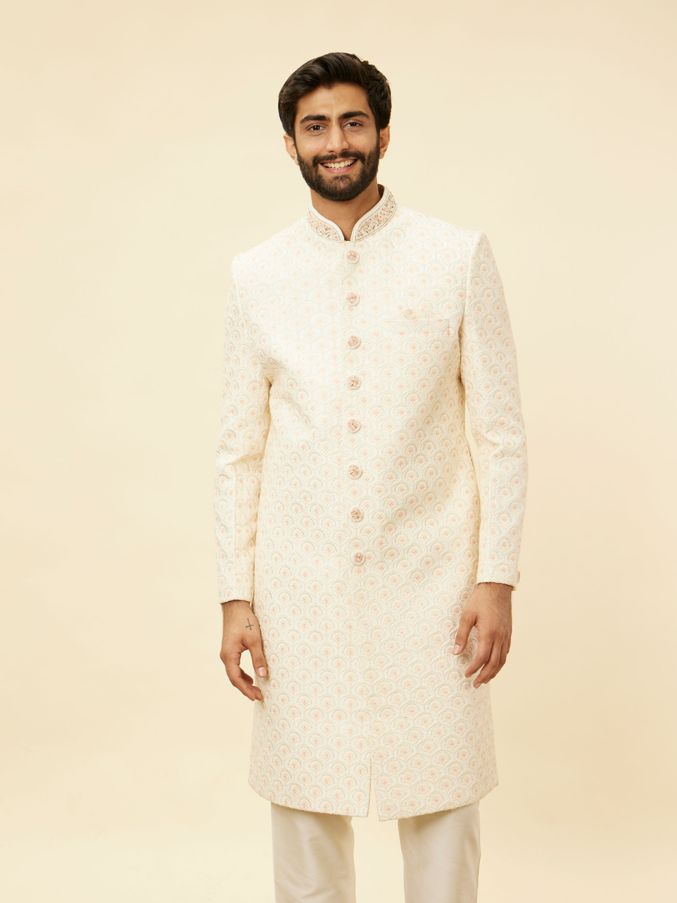 Manyavar Men Cream Pink Diamond Patterned Sherwani Set