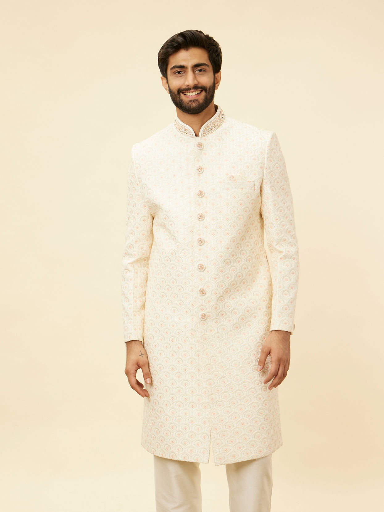 alt message - Manyavar Men Cream Pink Diamond Patterned Sherwani Set image number 0