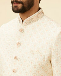 Manyavar Men Cream Pink Diamond Patterned Sherwani Set