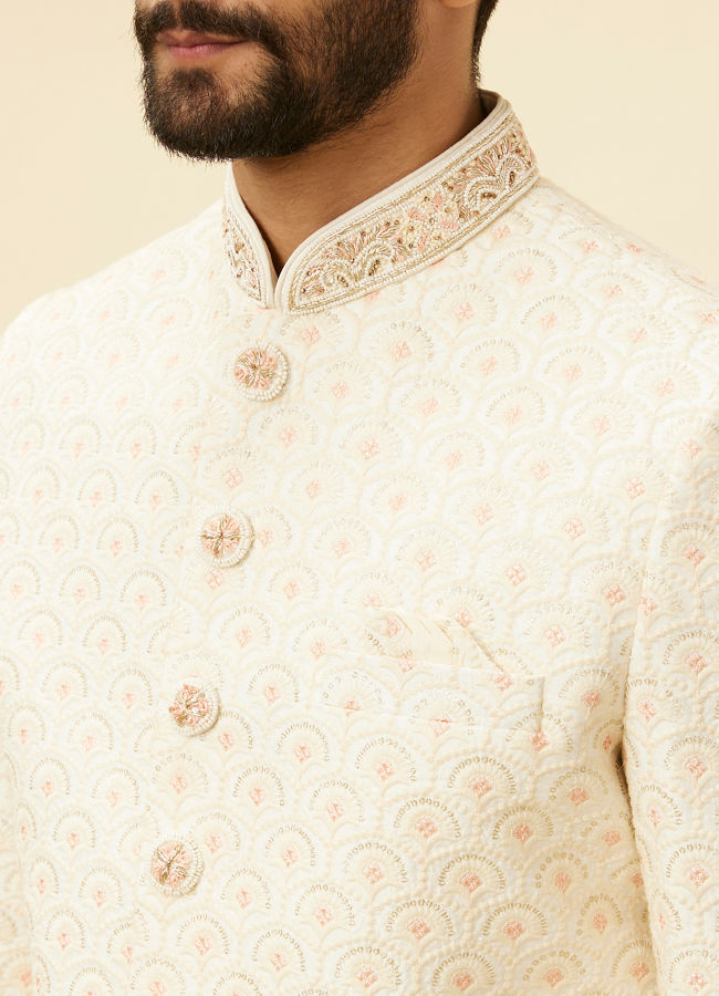Manyavar Men Cream Pink Diamond Patterned Sherwani Set